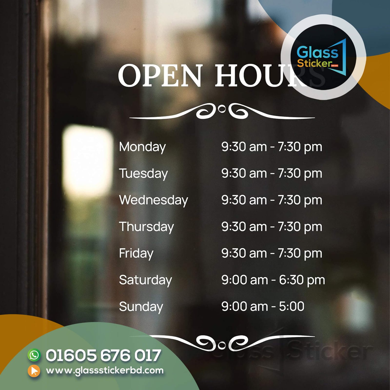 Opening Hours Glass Sticker